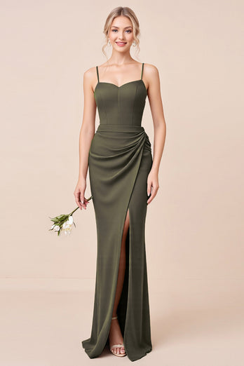 Olive Sheath Chiffon Corset Long Bridesmaid Dress with Slit