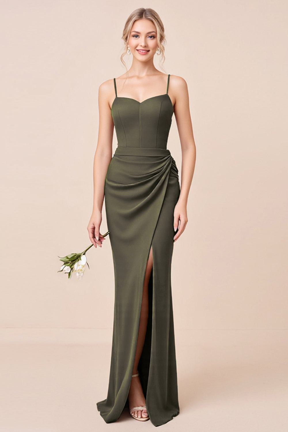 Olive Sheath Chiffon Corset Long Bridesmaid Dress with Slit
