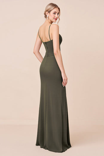 Olive Sheath Chiffon Corset Long Bridesmaid Dress with Slit