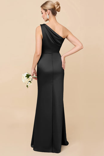 Eucalyptus Sheath Satin Ruched One Shoulder Long Bridesmaid Dress