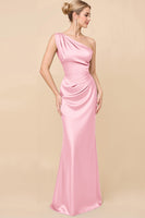 Load image into Gallery viewer, Eucalyptus Sheath Satin Ruched One Shoulder Long Bridesmaid Dress
