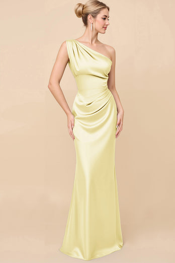 Eucalyptus Sheath Satin Ruched One Shoulder Long Bridesmaid Dress
