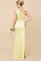 Load image into Gallery viewer, Eucalyptus Sheath Satin Ruched One Shoulder Long Bridesmaid Dress