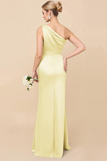 Eucalyptus Sheath Satin Ruched One Shoulder Long Bridesmaid Dress