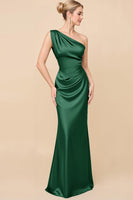 Load image into Gallery viewer, Eucalyptus Sheath Satin Ruched One Shoulder Long Bridesmaid Dress