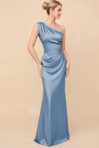 Dusty Blue Satin Sheath Ruched One Shoulder Long Bridesmaid Dress