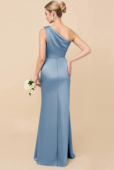 Dusty Blue Satin Sheath Ruched One Shoulder Long Bridesmaid Dress