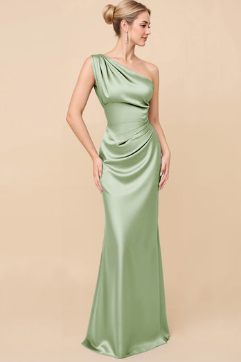 Royal Blue Satin Ruched One Shoulder Sheath Long Bridesmaid Dress