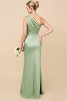 Load image into Gallery viewer, Dusty Blue Satin Sheath Ruched One Shoulder Long Bridesmaid Dress
