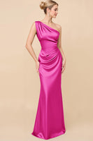 Load image into Gallery viewer, Dusty Blue Satin Sheath Ruched One Shoulder Long Bridesmaid Dress