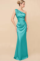 Load image into Gallery viewer, Dusty Blue Satin Sheath Ruched One Shoulder Long Bridesmaid Dress