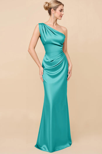 Royal Blue Satin Ruched One Shoulder Sheath Long Bridesmaid Dress