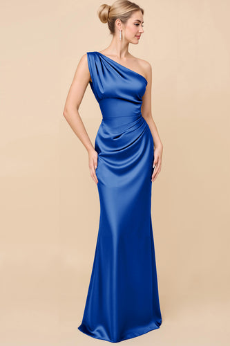 Royal Blue Satin Ruched One Shoulder Sheath Long Bridesmaid Dress