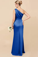 Load image into Gallery viewer, Royal Blue Satin Ruched One Shoulder Sheath Long Bridesmaid Dress