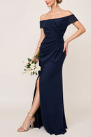 Load image into Gallery viewer, Navy Sheath Chiffon Off the Shoulder Long Bridesmaid Dress with Slit