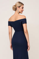 Load image into Gallery viewer, Navy Sheath Chiffon Off the Shoulder Long Bridesmaid Dress with Slit