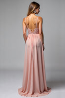 Load image into Gallery viewer, Dusty Rose A Line Chiffon V-Neck Backless Long Bridesmaid Dress