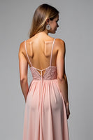 Load image into Gallery viewer, Dusty Rose A Line Chiffon V-Neck Backless Long Bridesmaid Dress