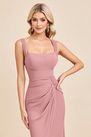 Load image into Gallery viewer, Blush Pink Sheath Satin Ruched Long Bridesmaid Dress with Slit