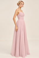 Load image into Gallery viewer, Candy Pink A Line Tulle Strapless Long Bridesmaid Dress
