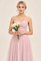 Load image into Gallery viewer, Candy Pink A Line Tulle Strapless Long Bridesmaid Dress