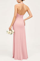 Load image into Gallery viewer, Candy Pink Halter Satin Backless Long Bridesmaid Dress with Slit