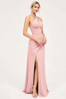 Load image into Gallery viewer, Candy Pink Halter Satin Backless Long Bridesmaid Dress with Slit
