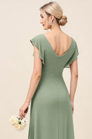 Load image into Gallery viewer, Eucalyptus Sheath Satin V-Neck Long Bridesmaid Dress with Slit