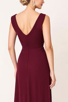 Load image into Gallery viewer, Burgundy Sheath Satin V-Neck Long Bridesmaid Dress with Slit