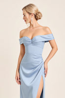 Load image into Gallery viewer, Satin Dusty Blue Sheath Off the Shoulder Long Bridesmaid Dress with Slit
