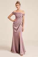 Load image into Gallery viewer, Vintage Mauve Sheath Satin Ruched Long Bridesmaid Dress with Slit