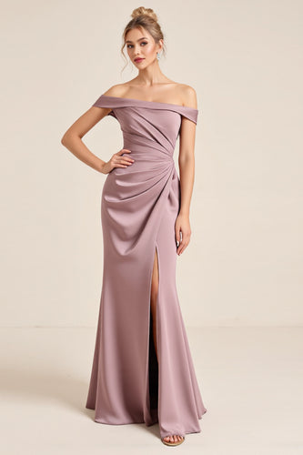 Vintage Mauve Sheath Satin Ruched Long Bridesmaid Dress with Slit