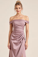 Load image into Gallery viewer, Vintage Mauve Sheath Satin Ruched Long Bridesmaid Dress with Slit
