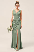 Load image into Gallery viewer, Satin Eucalyptus Sheath Ruched Long Bridesmaid Dress with Slit