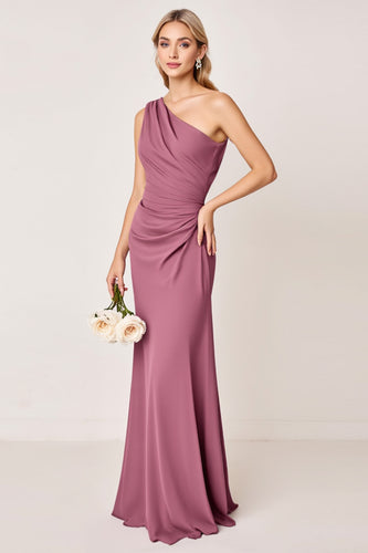 One Shoulder Vintage Mauve Sheath Satin Long Bridesmaid Dress