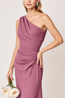 Load image into Gallery viewer, One Shoulder Vintage Mauve Sheath Satin Long Bridesmaid Dress
