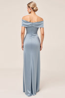 Load image into Gallery viewer, Satin Dusty Blue Off the Shoulder Long Bridesmaid Dress with Slit