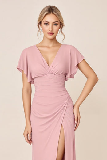 Candy Pink Sheath Satin V-Neck Long Bridesmaid Dress with Slit