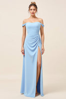 Load image into Gallery viewer, Sky Blue Satin Off the Shoulder Long Sheath Bridesmaid Dress with Slit