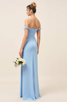 Load image into Gallery viewer, Sky Blue Satin Off the Shoulder Long Sheath Bridesmaid Dress with Slit
