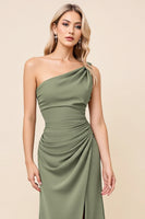 Load image into Gallery viewer, Eucalyptus Sheath One Shoulder Long Satin Bridesmaid Dress with Slit