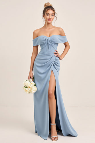 Dusty Blue Ruched Off the Shoulder Long Bridesmaid Dress with Slit