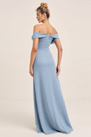 Load image into Gallery viewer, Dusty Blue Ruched Off the Shoulder Long Bridesmaid Dress with Slit