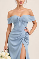 Load image into Gallery viewer, Dusty Blue Ruched Off the Shoulder Long Bridesmaid Dress with Slit