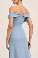 Load image into Gallery viewer, Dusty Blue Ruched Off the Shoulder Long Bridesmaid Dress with Slit