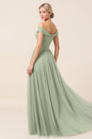 Load image into Gallery viewer, Tulle Matcha A Line Off the Shoulder Long Bridesmaid Dress with Slit