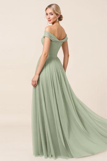 Tulle Matcha A Line Off the Shoulder Long Bridesmaid Dress with Slit