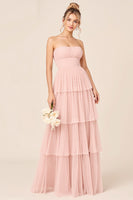 Load image into Gallery viewer, Tulle Candy Pink A Line Strapless Long Bridesmaid Dress
