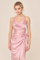 Load image into Gallery viewer, Blush Pink Sheath Satin V-Neck Long Bridesmaid Dress with Slit