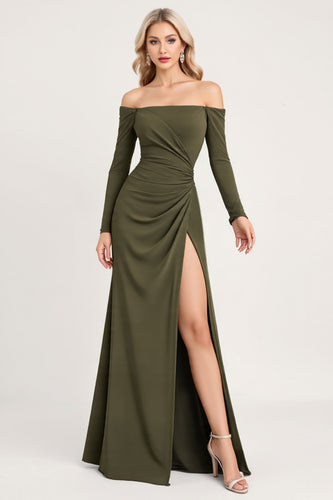 Olive Sheath Long Sleeves Bridesmaid Dress with Slit